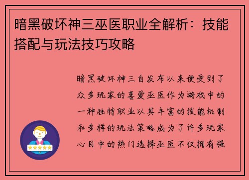 暗黑破坏神三巫医职业全解析：技能搭配与玩法技巧攻略