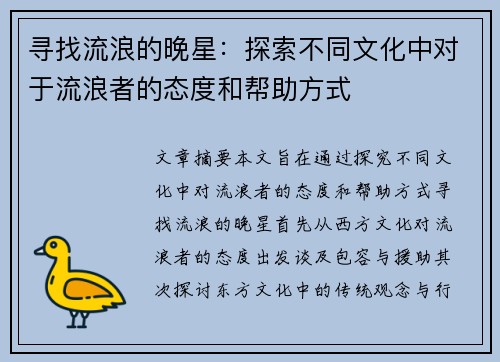 寻找流浪的晚星：探索不同文化中对于流浪者的态度和帮助方式