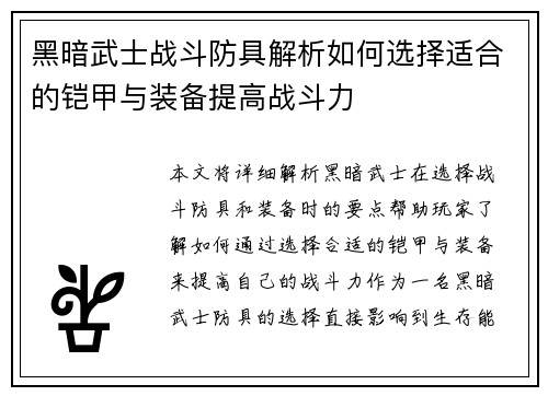 黑暗武士战斗防具解析如何选择适合的铠甲与装备提高战斗力