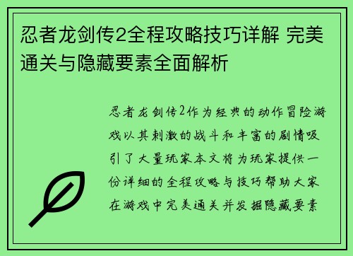 忍者龙剑传2全程攻略技巧详解 完美通关与隐藏要素全面解析